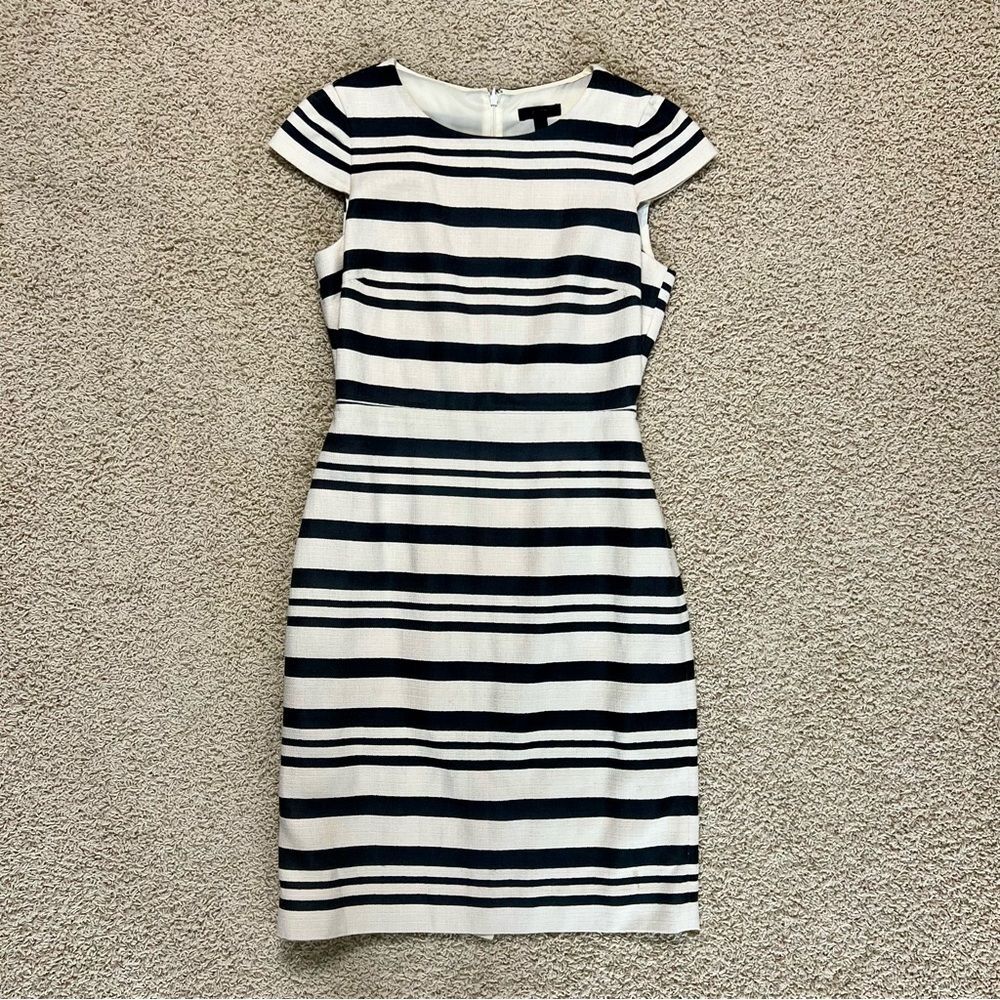 J CREW A-Line Cap Sleeve Lined Dress Charcoal Black and Cream Stripe Size 6